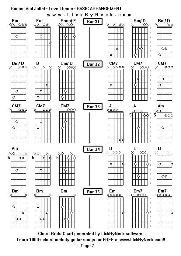 Chord Grids Chart of chord melody fingerstyle guitar song-Romeo And Juliet - Love Theme - BASIC ARRANGEMENT,generated by LickByNeck software.